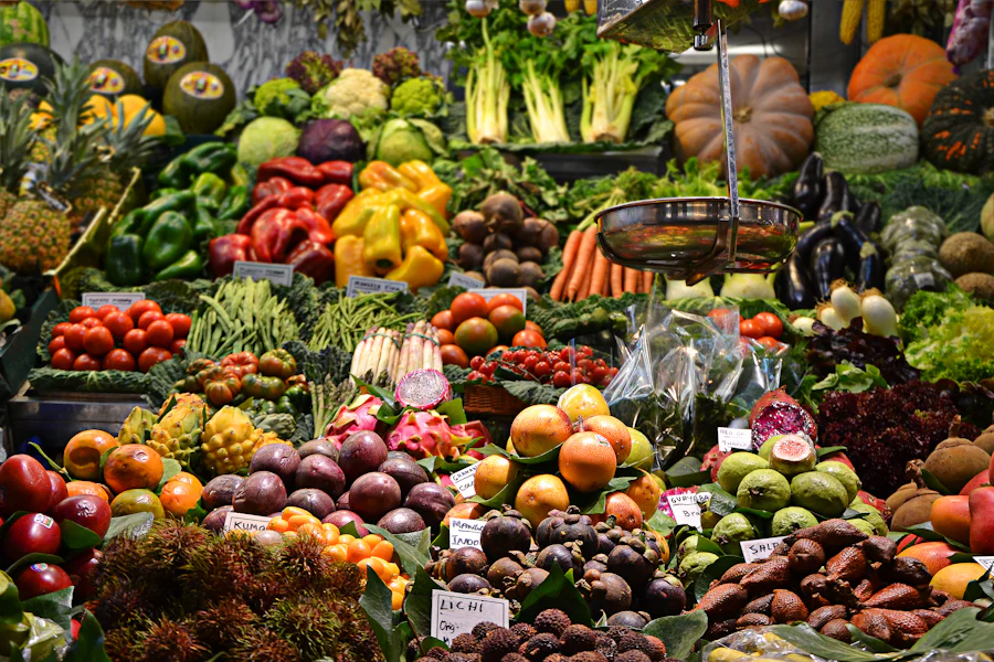 A market stall packed with colourful fruit and vegetables