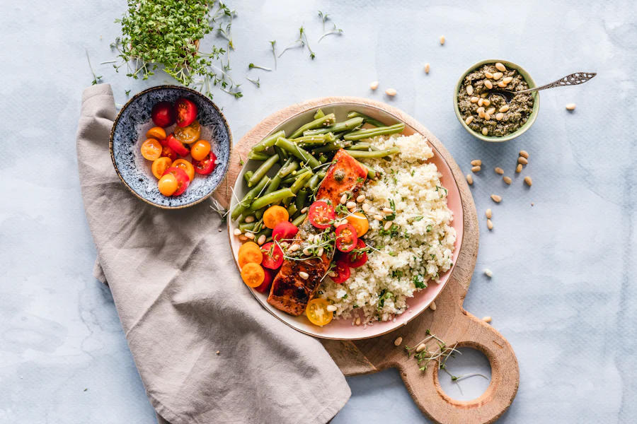 A vegetable pasta bowl on a linen cloth